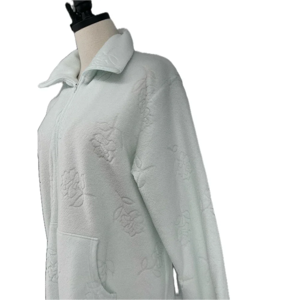 Miss Elaine Mint Green Floral Embossed Fleece Robe Zip Front Pockets Size‎ S
